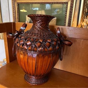 Ikebana Woven Bamboo Hanging Basket with Ceramic Vase, 1930s